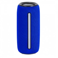 Altavoz portátil azul con una franja en blanco y negro.