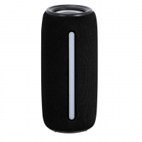 Altavoz portátil negro con una franja en blanco y negro.