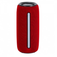 Altavoz portátil rojo con una franja en blanco y negro.