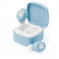 Caja de auriculares abierta en color azul, con auriculares fuera del empaque.