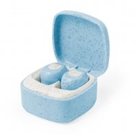 Caja de auriculares abierta en color azul.