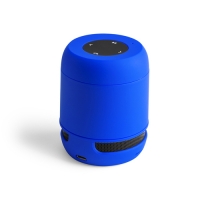 Altavoz azul y negro con botones de funciones al centro.