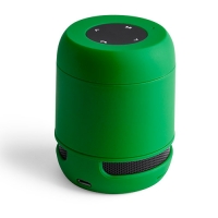 Altavoz verde y negro con botones de funciones al centro.