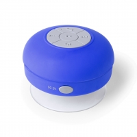 Altavoz de color azul de forma circular con botones indicador de funciones al centro y a los lados. 