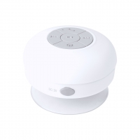 Altavoz de color blanco de forma circular con botones indicador de funciones al centro y a los lados. 
