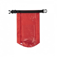 Bolsa impermeable de color rojo, con ventana transparente para celular.