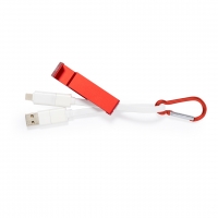 Cables USB rojo y blanco con un mosquetón.