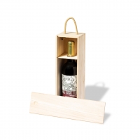 Botella de vino dentro de una caja de madera. 