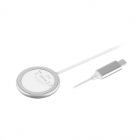 Cargador circular inalámbrico en color plateado y blanco.