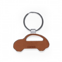 Llavero de cuero reciclado de forma de vehículo con argolla metálica. 