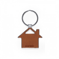 Llavero de cuero reciclado de forma de casa con argolla metálica. 