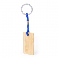 Llavero de bambú con cuerda de color azul y argolla metálica. 