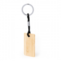 Llavero de bambú con cuerda de color negro y argolla metálica. 