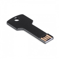 Memoria USB con forma de llave en color negro acostada.