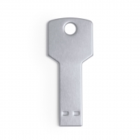 Memoria USB con forma de llave en color plateado.