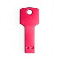 Memoria USB con forma de llave en color rojo.