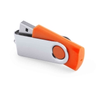 Unidad USB con una cubierta en blanco y anaranjado, destacando su diseño elegante y moderno