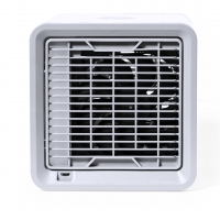 Aire acondicionado portátil de color blanco, situado sobre un fondo blanco, perfecto para climatizar habitaciones pequeñas.