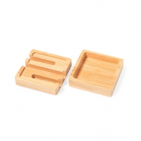 Caja de madera organizador de clips con diversos compartimentos.