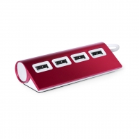Dispositivo electrónico rojo, con 4 entradas USB.