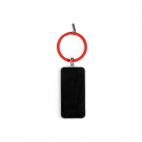 Teléfono con un soporte de forma de pulsera en color rojo.