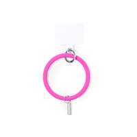 Soporte para dispositivos electrónicos de forma de pulsera en color fucsia.