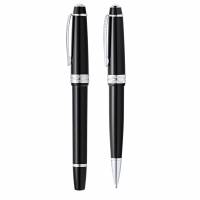Duo de Roller y bolígrafo de color negro con detalles plateados. 