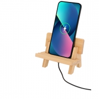 Soporte de madera para teléfono, ideal para mantener el dispositivo en posición vertical mientras se carga.